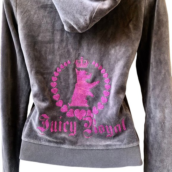 Juicy Couture Velour Zip Gray Hoodie Jacket Y2K Logo Royal Scotty Dog - Picture 11 of 13
